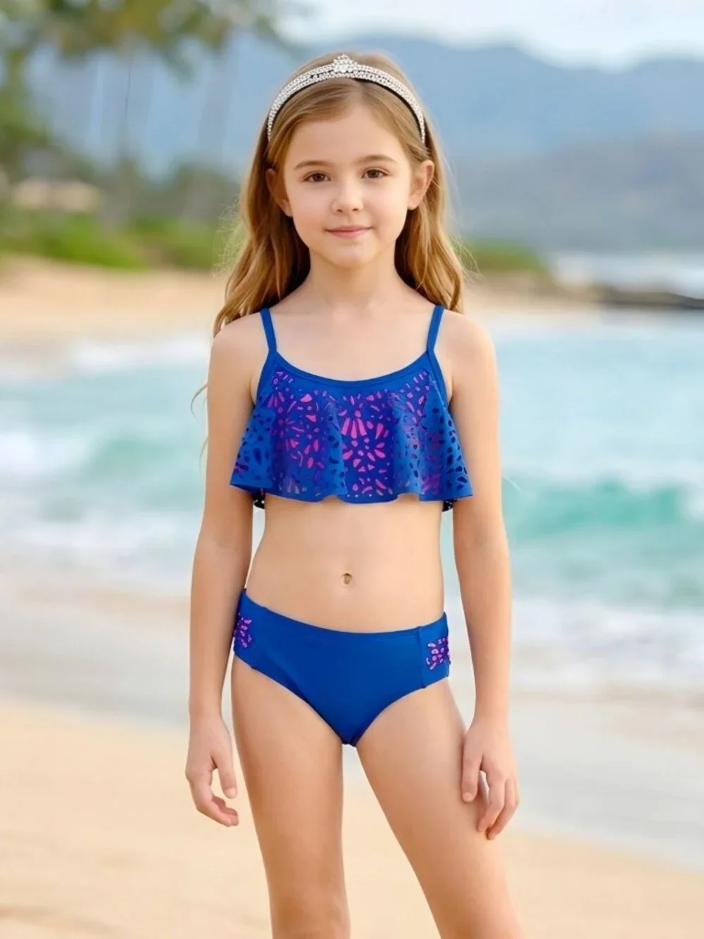 Justice ✦ Girls Bikini Set ✦ Blue Pink Laser-Cut Ruffle UPF 50+ Size 7
